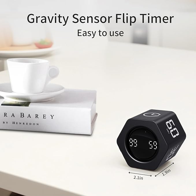 Productivity Timer Flip Gravity Sensor Cube Timer Countdown & Countup,Mute & Vibrate & Sound,5/10/30/60min & Custom Timing, Perfect for ADHD,Work,Learning,Kitchen Cooking (2, Black Hexagon)