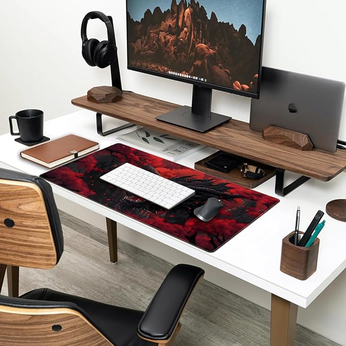 Huge Dragon Large Mouse Pad - Red and Black Mousepad, Big Full Keyboard and Mouse Pad with Stitched Edges, Anti-Slip, Funny Desk Pad, 31.5 X 15.8 in.
