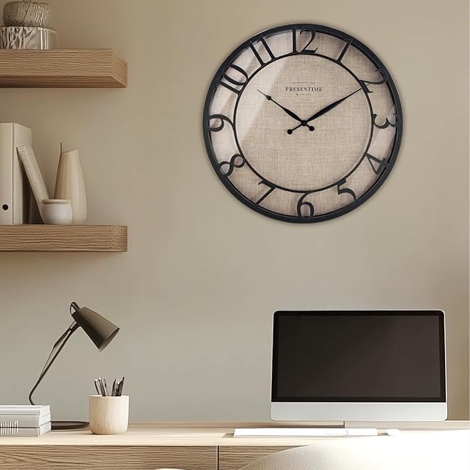 Presentime & Co 21" Farmhouse Series Wall Clock, Cottage Style, Faux Burlap, Oil Rubbed Antique Bronze Finish. Wall Décor for Living Room, Dining Room, and entryway.