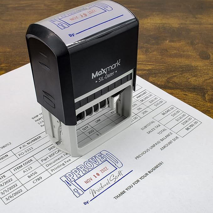 MaxMark Large Self-Inking Rubber Date Office Stamp with Deposited Phrase & Date - Black Ink, 12-Year Band - Style 5