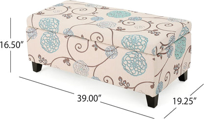 Breanna Fabric Storage Ottoman, White and Blue Floral