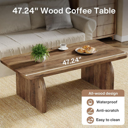 Rectangle Coffee Table, 47-Inch Wood Rectangular Living Room Table, Farmhouse Accent Center Low Cocktail Tea Table with Sturdy Base & Rounded Corners, Easy Assembly (Rustic Brown)
