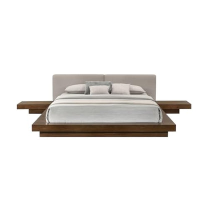 Eastern Queen Bed Frame, Solid Acacia Wood with American Walnut Finish, Low Profile King Platform Bed with Floating Nightstands and Headboard