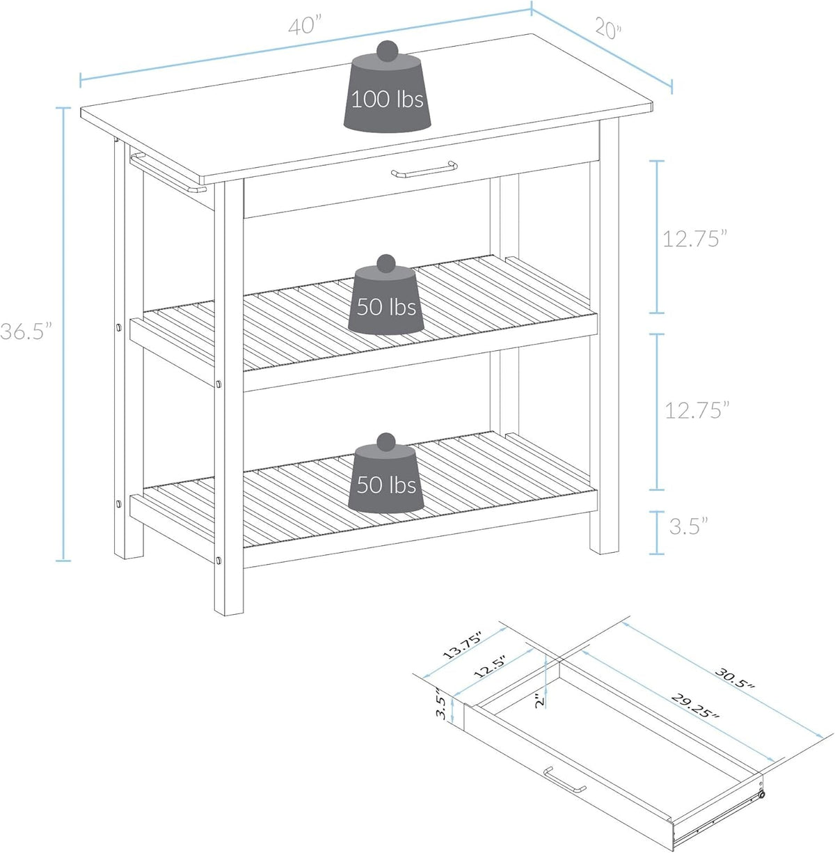Kitchen Island with Solid American Hardwood Top, Natural/White, 40" W (373-91)