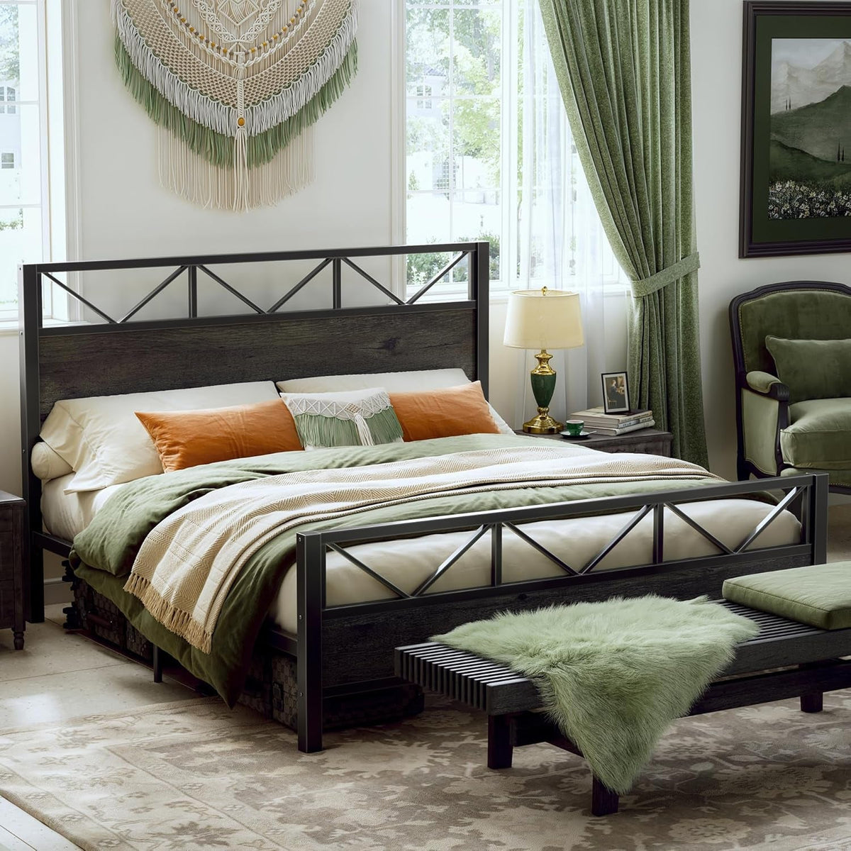 King Bed Frame, Tall Industrial Headboard 51.2 ", Platform Bed Frame with Strong Metal Support, Solid and Stable, Noise Free, No Box Spring Needed, Easy Assembly, Charcoal Grey