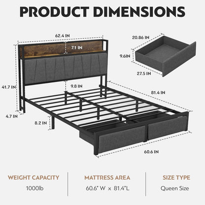 Queen Size Bed Frame with Headboard and Storage, Drawers Platform Bed Frame with Storage Chargin Station LED Light Bedframe, Heavy Duty, No Box Spring Needed