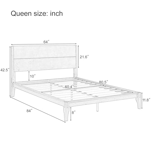 Queen Bamboo Platform Bed Frame with Tall Headboard, Warm Brown
