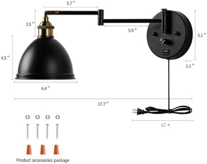 Swing Arm Wall Sconces, Plug-in Wall lamp,Bedroom Wall lamp ， White Fabric Shade，，with dimmable Switch and USB Charging Port, Suitable for Bedside, Living Room, Reading (Metallic Black)