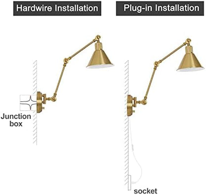 TRLIFE Wall Sconces Plug in, Dimmable Wall Sconces Brushed Brass Swing Arm Wall Lights Plug in Wall Mounted Light Industrial Wall Lights with 6FT Plug in Cord, E26 Base, UL Listed(Two Arms, 2 Pack)