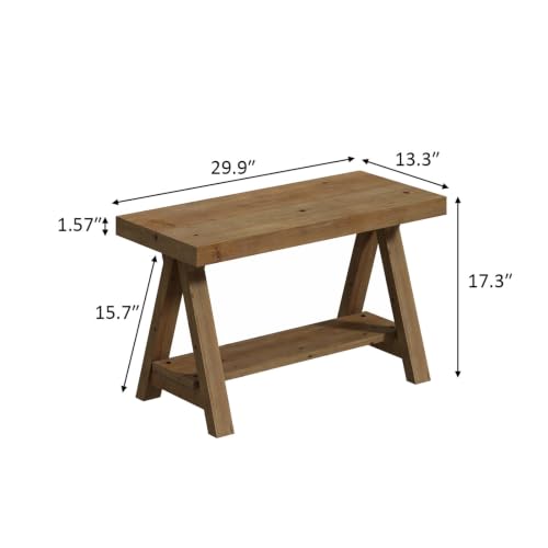 Solid Wood Bench, 30" Farmhouse Entryway Bench with Shoe Storage