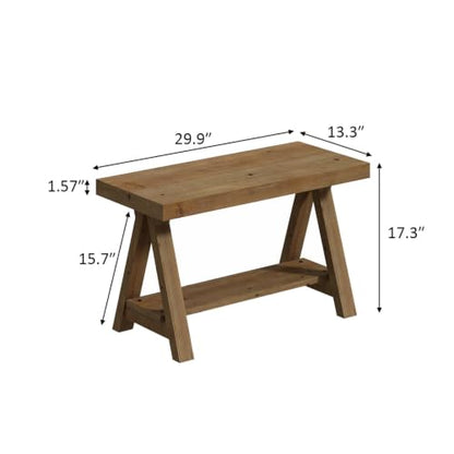 Solid Wood Bench, 30" Farmhouse Entryway Bench with Shoe Storage