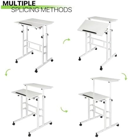 Magshion Rolling Standing Desk with Wheels, Height Adjustable Laptop Desk for Walking Pad, Mobile Workstation with Tilt Top, 28" to 46" Height Range for Home Office & Small Spaces, White