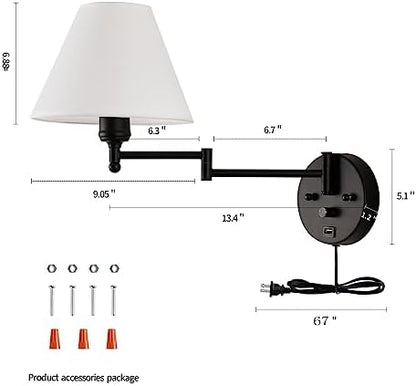 Swing Arm Wall Sconces, Plug-in Wall lamp,Bedroom Wall lamp ， White Fabric Shade，，with dimmable Switch and USB Charging Port, Suitable for Bedside, Living Room, Reading (Black)