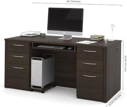 Bestar Executive Desk with Two Pedestals, 66W, Dark Chocolate, Embassy, 66W