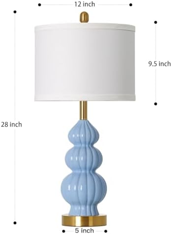 Rinweey Blue Ceramic Lamps Set of 2, 26.5" Modern Table Lamps for Living Room, Classic Bedside Lamp with Triple Gourd, Elegant Bedroom Lamp for Night Stand Desk Side End Table Home Decor
