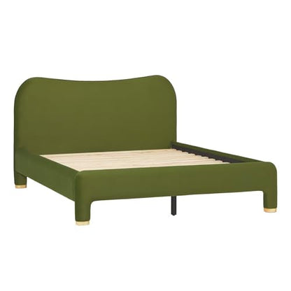 Chantelle Modern Curved Upholstered Queen Bed, Queen Size, Green Velvet