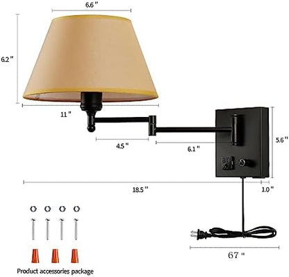 Swing Arm Wall Sconces, Plug-in Wall lamp,Bedroom Wall lamp ， White Fabric Shade with dimmable Switch and USB Charging Port,Suitable for Bedside,Living Room,Reading (Black. Gold Shadow)