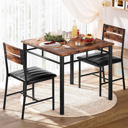 Dining Table Set for 2, Small Kitchen Table with Upholstered Chairs Dinning Table Set for Kitchen & Dining Room, Compact Dining Set for Small Spaces, Rustic Brown