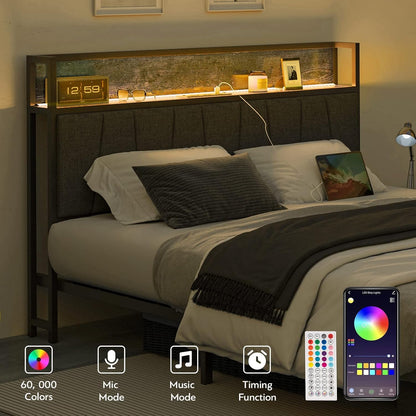 Queen Size Bed Frame with Headboard and Storage, Drawers Platform Bed Frame with Storage Chargin Station LED Light Bedframe, Heavy Duty, No Box Spring Needed