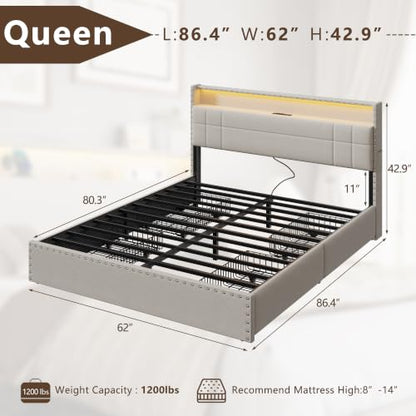 Queen Bed Frame with 4 Drawers & Storage Headboard, Beige