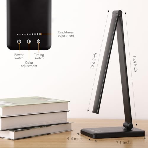 Led Desk Lamp, Desk Lamp with USB Charging Port, 5 Color Modes, 10 Brightness, Natural Light, Eye Caring Reading Lamp, Desk Light for Home Office, Table Lamp, Touch Control, Auto-Timer, Black