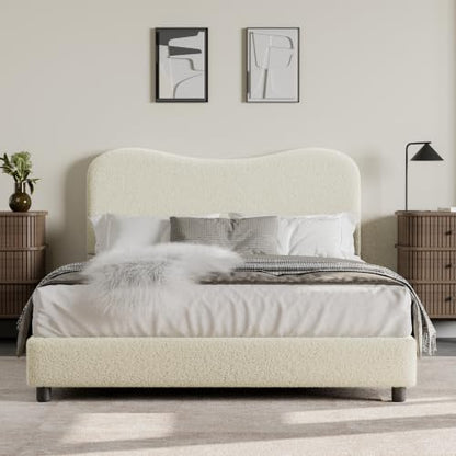 Full Size Bed Frame with Boucle Fabric, Beige