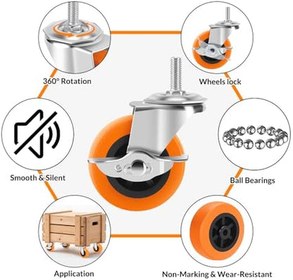Caster Wheels with Threaded Stem, 3 Inch Locking Swivel Casters Set of 24