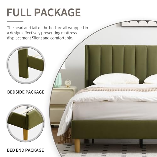 Queen Bed Frame，Platform Bed with Upholstered Headboard，GrassGreen