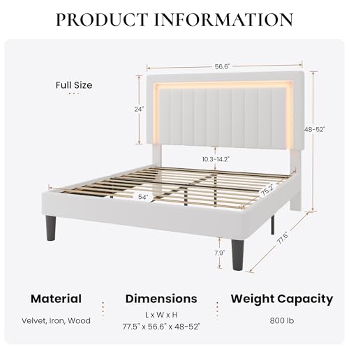 Full Size Velvet Bed Frame with LED Light, White