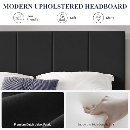 Full Size Dutch Velvet Upholstered Platform Bed Frame/Vertical Channel Tufted Adjustable Headboard/Low Profile Bed Frame/No Box Spring Needed/Easy Assembly/Black