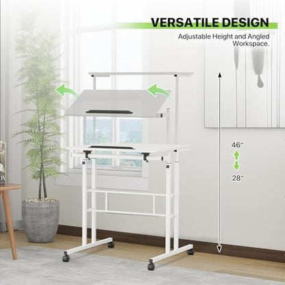 Magshion Rolling Standing Desk with Wheels, Height Adjustable Laptop Desk for Walking Pad, Mobile Workstation with Tilt Top, 28" to 46" Height Range for Home Office & Small Spaces, White