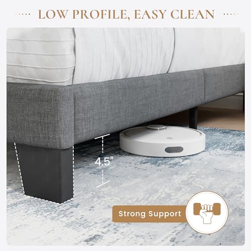 Full Platform Bed Frame with Upholstered Fabric Headboard, Grey