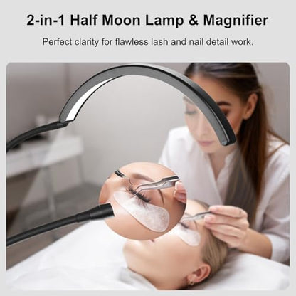 Half Moon Desk Lash Light with 4X Magnifier, 2-in-1 Dual Arm Gooseneck Clamp Lamp for Eyelash Extension, Shadow-Free Esthetician Light, Adjustable Color & Brightness for Tattoo, Sewing, Crafts