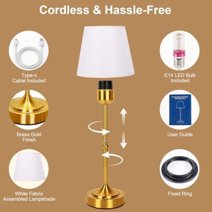 FLY2SKY Rechargeable Gold Cordless Table Lamp,3 Color Dimmable Bedside Lamp