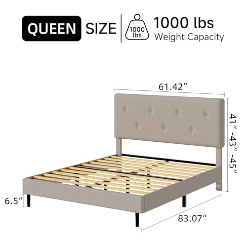 Queen Size Linen Bed Frame with Adjustable Headboard Beige