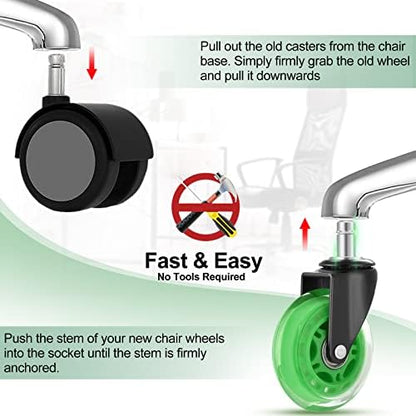 Hivexagon Office Chair Caster Wheels Replacement Set of 5, Heavy Duty Universal Quiet Rolling Casters 3 inch Fit Standard Office Chair for Hardwood Floors, Tiles and Carpet (Green)