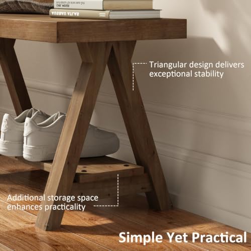 Solid Wood Bench, 30" Farmhouse Entryway Bench with Shoe Storage