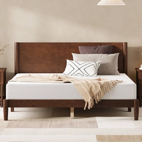 Solid Wood Queen Bed Frame, Mid Century Bed with Headboard, Walnut