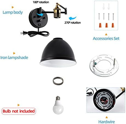 Swing Arm Wall Sconces, Plug-in Wall lamp,Bedroom Wall lamp ， White Fabric Shade，，with dimmable Switch and USB Charging Port, Suitable for Bedside, Living Room, Reading (Metallic Black)