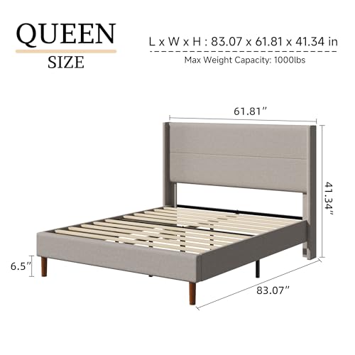 Queen Size Linen Platform Bed Frame with Wingback Upholstered Headboard