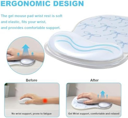 Blue Bow Mouse Pad with Gel Wrist Rest Support - Ergonomic Cooling Mousepad