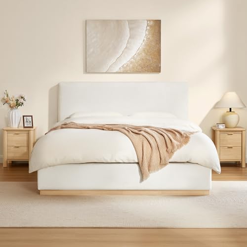 Upholstered Queen Size Bed Frame, Boucle Fabric Platform Bed Mattress Foundation Noise-Free No Box Spring Needed Easy Assembly