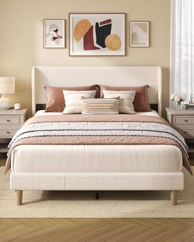Queen Bed Frame with Wingback Headboard,Upholstered,Beige