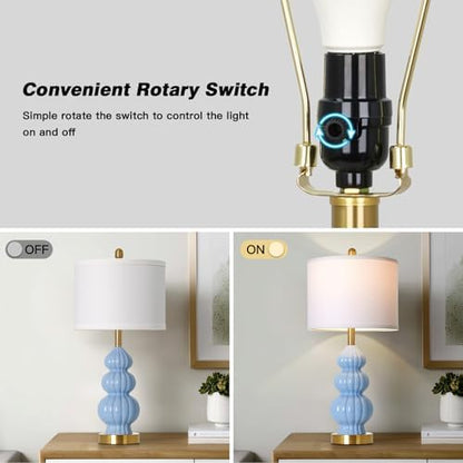 Rinweey Blue Ceramic Lamps Set of 2, 26.5" Modern Table Lamps for Living Room, Classic Bedside Lamp with Triple Gourd, Elegant Bedroom Lamp for Night Stand Desk Side End Table Home Decor