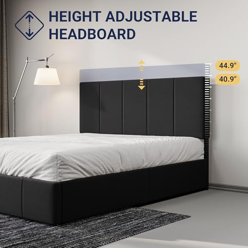 Full Size Dutch Velvet Upholstered Platform Bed Frame/Vertical Channel Tufted Adjustable Headboard/Low Profile Bed Frame/No Box Spring Needed/Easy Assembly/Black