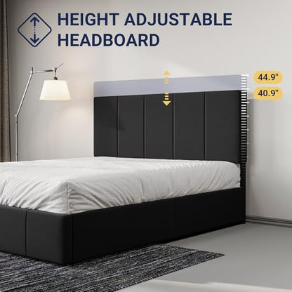 Full Size Dutch Velvet Upholstered Platform Bed Frame/Vertical Channel Tufted Adjustable Headboard/Low Profile Bed Frame/No Box Spring Needed/Easy Assembly/Black