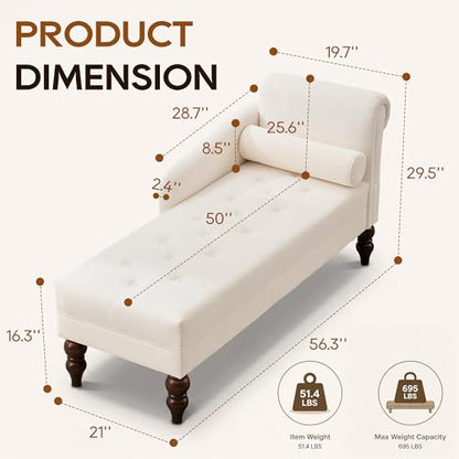 Chaise Lounge Chair Indoor with Right Armrest, Velvet, White