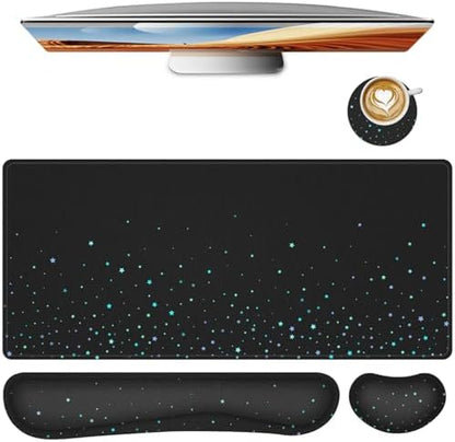 Desk Mat for Keyboard and Mouse,4in1 XXL Mousepad + Keyboard Wrist Rest+Mouse Wrist Rest+Coaster Set with Ergonomic Desk Pad for Home Office(Black Bluestar)