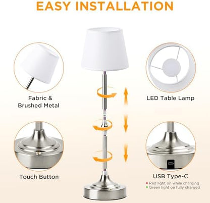 LUTEC Cordless Table Lamp, Battery Operated Lamp with 3 Color Temps and Stepless Dimming, 5200mAh Portable Rechargeable Table Lamp for Restaurant/Bedroom/Bars/Outdoor (Silver)