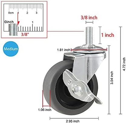 Caster Wheels, 3" Locking Swivel Threaded Stem Casters Set with Brake of 32